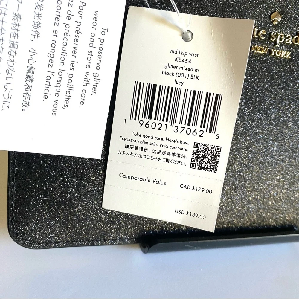 Kate Spade Lucy Black Glitter L Zip Wristlet new without tags